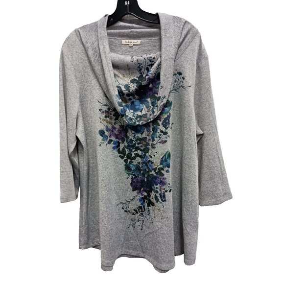 indigo soul Tops - Indigo Soul Wearable Art Tunic Top Womens XL Gray Floral Embellished Cowl Neck